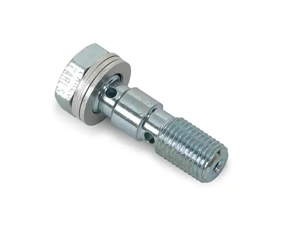 Banjo Bolt For .425 In. Banjo Height Thread Size 3/8"-24 Double For 2 Banjos Hole Dia. .375 In. W/Crush Washers 1