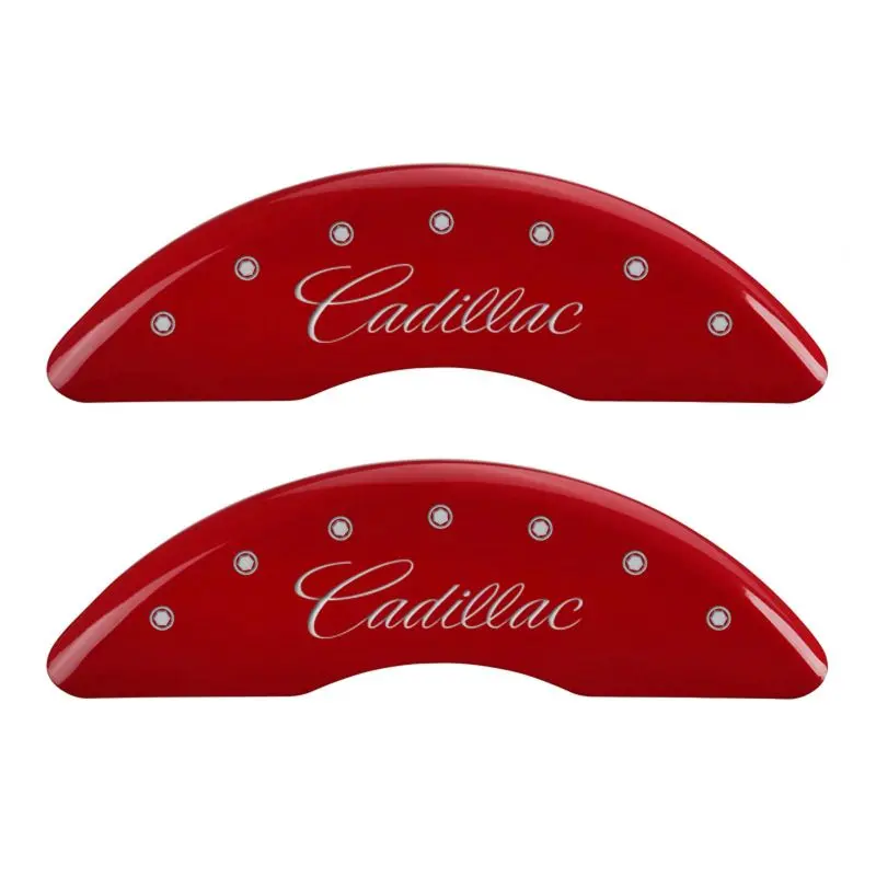 Mgp Engraved Caliper Covers – Front & Rear, Cursive Design, Cadillac Red Finish With Silver Accent 1
