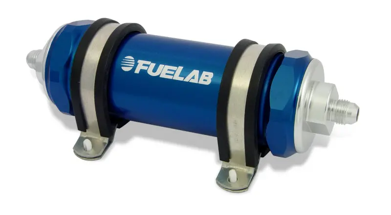 Fuelab Inline Fuel Filter – 6An Inlet / 8An Outlet, 40-Micron Stainless Steel With Check Valve (Blue) 1