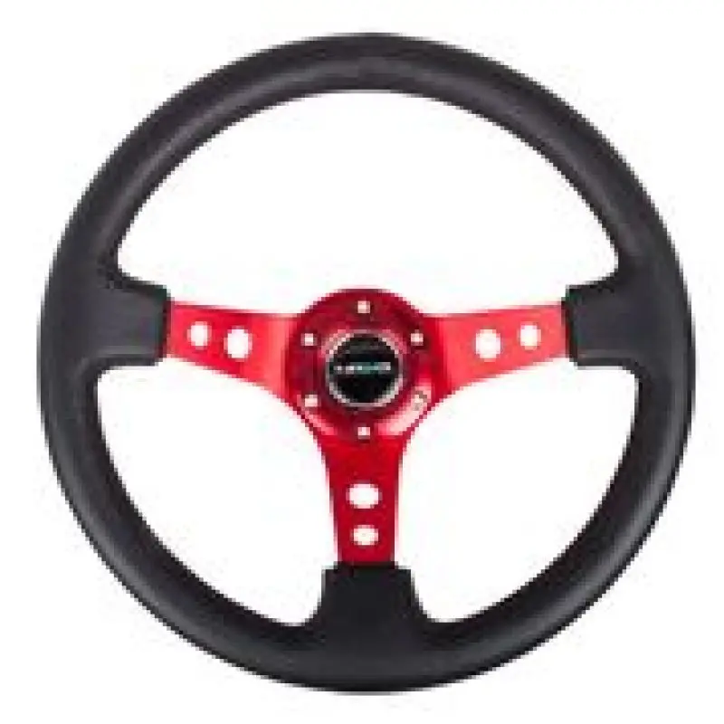 Nrg Black Leather Steering Wheel With Red Circle Spoke Cutout – 350Mm Diameter, 3-Inch Depth 1