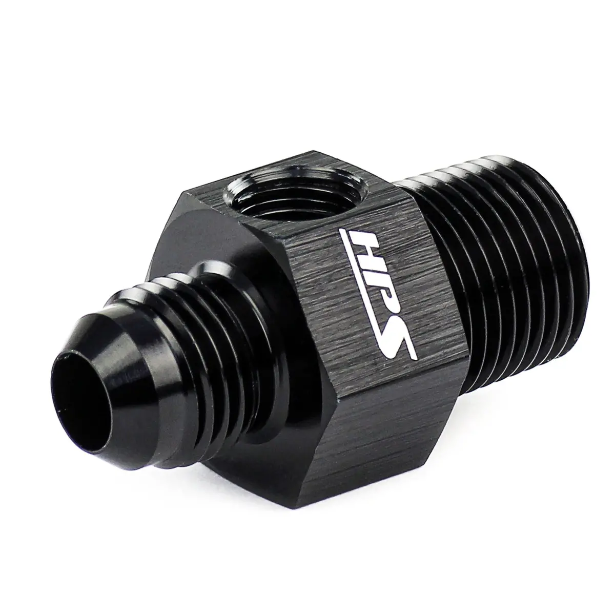 Hps Performance An -8 Male To 3/8" Npt Male Adapter With 1/8" Npt Female Port, Aluminum, Black 1