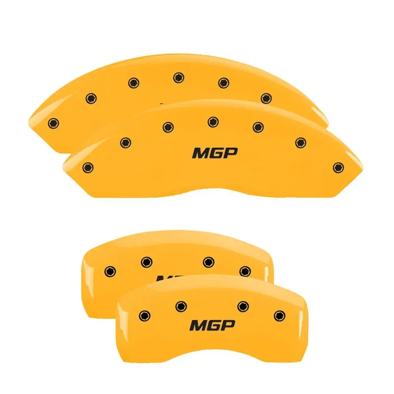Mgp Engraved 4-Piston Caliper Covers – Front & Rear, Yellow Finish With Black Chrome Accents 1