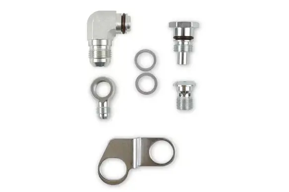 Earl's Remote Reservoir Adapter Kit For Saginaw Type Ii Power Steering Pumps Includes -10 An Reservoir Fitting, Flow Valve, Retaining Bracket, -6 An Banjo Pressure Fitting, And Banjo Bolt With Crush Washers 1