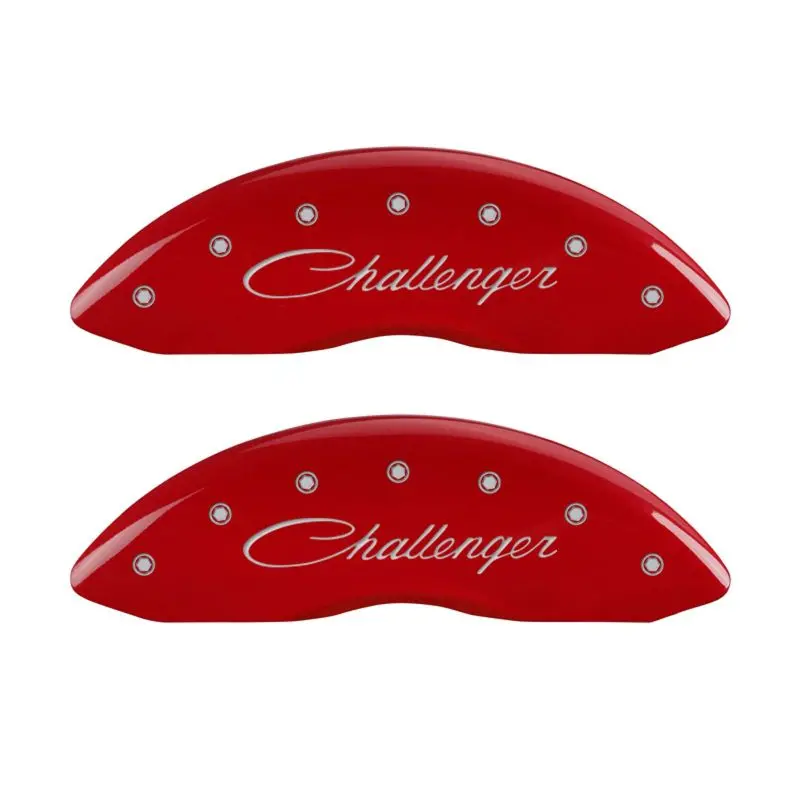 Mgp Engraved 4-Piston Caliper Covers — Front: Cursive Script, Rear: Challenger Rt Logo — Red Finish With Silver Accents 1