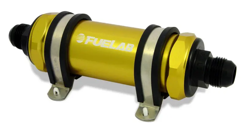 Fuelab 828 Long-Body Inline Fuel Filter – -12An Inlet/Outlet, 100-Micron Stainless Steel, Gold Anodized 1