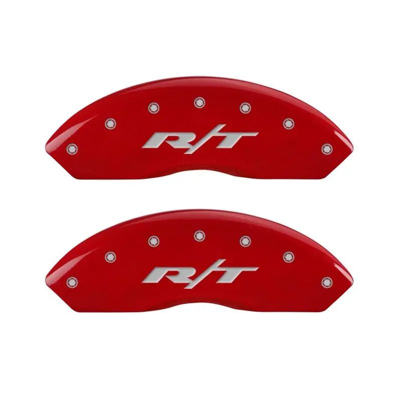 Mgp Engraved 4-Piston Caliper Covers – Front & Rear, Rt Red Finish With Silver Chrome Accent 1