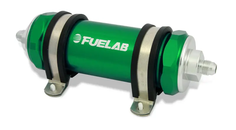 Fuelab 828 Stainless Steel In-Line Fuel Filter – -10An In / -12An Out, 40-Micron, Green 1